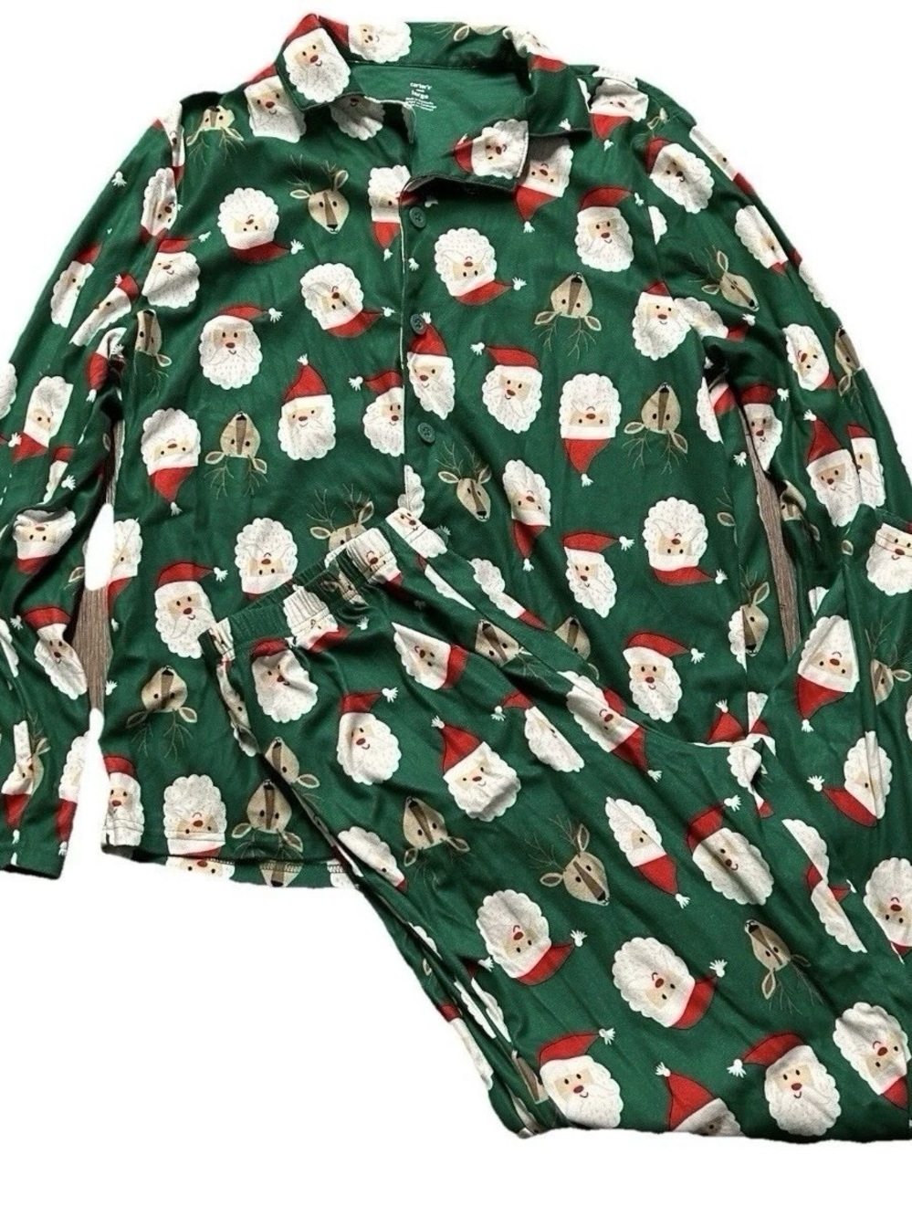 Carter’s Adult Christmas Pajamas Button Up Shirt Pants Green Santa Size Large
